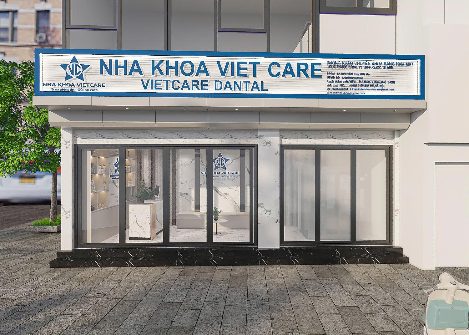 Thiết Kế Nha Khoa Vietcare Long Biên Tại Bồ Đề, Hà Nội – Giải Pháp Không Gian Hiện Đại, Đồng Bộ Nhận Diện Thương Hiệu